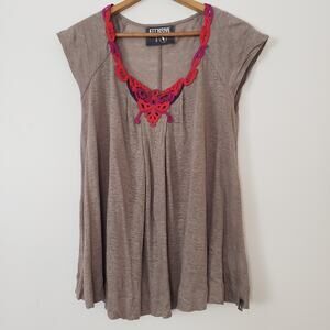 Effusive Boho 100% Linen Sheer Taupe Tunic Blouse Embroidered Neckline Small